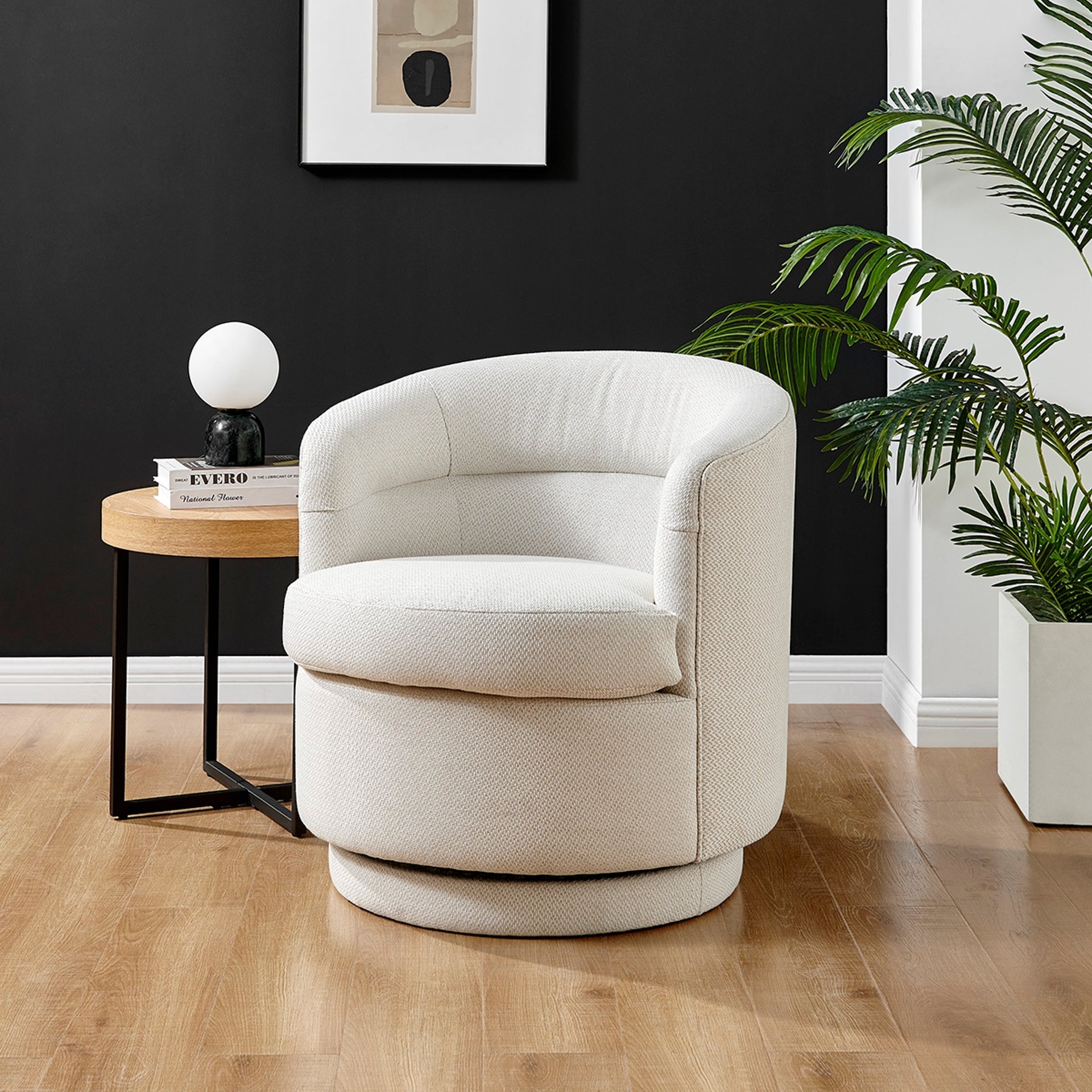 Rachel Minimalist White Fabric Swivel Accent Arm Chair