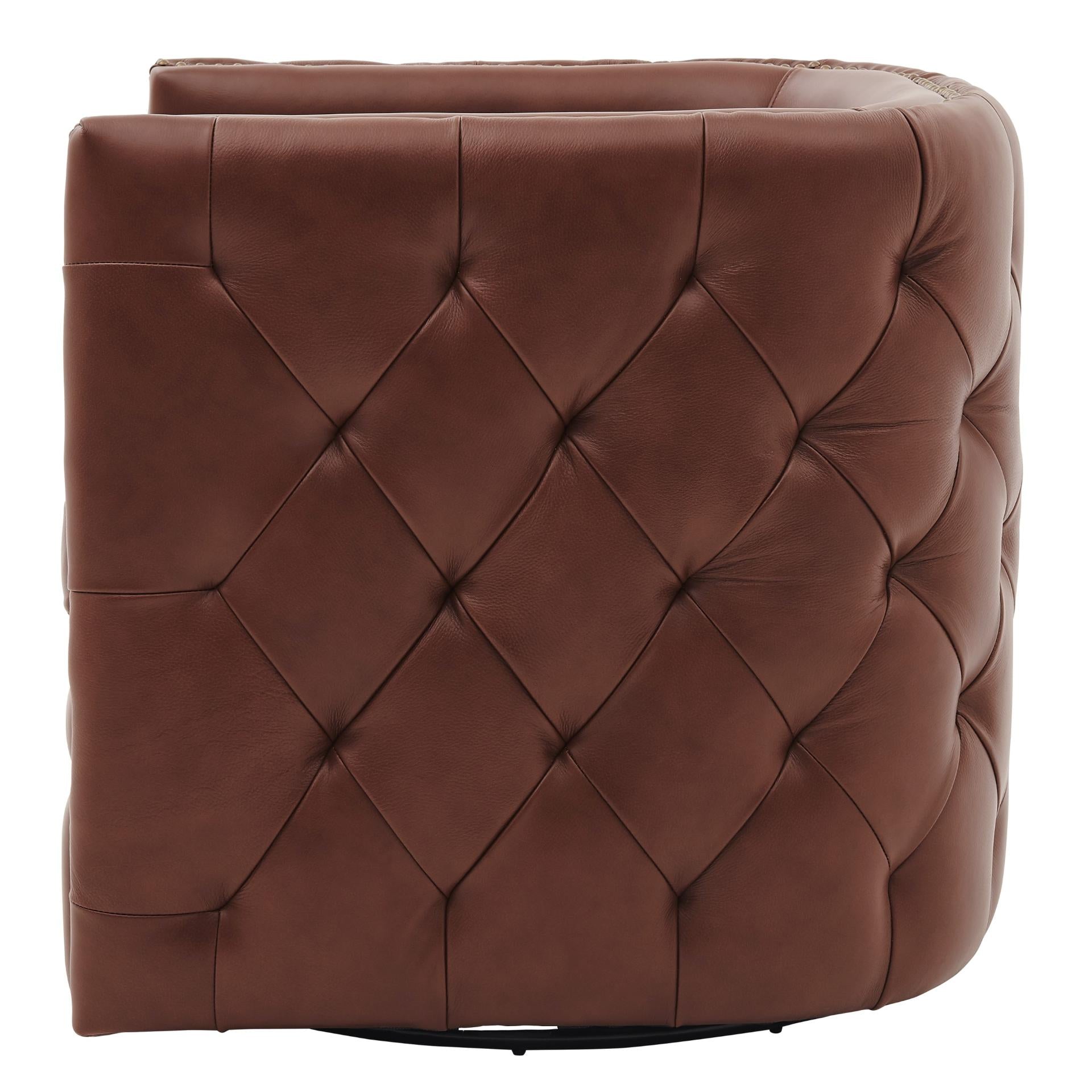 Leslie Top Grain Leather Swivel Tufted Accent Arm Chair