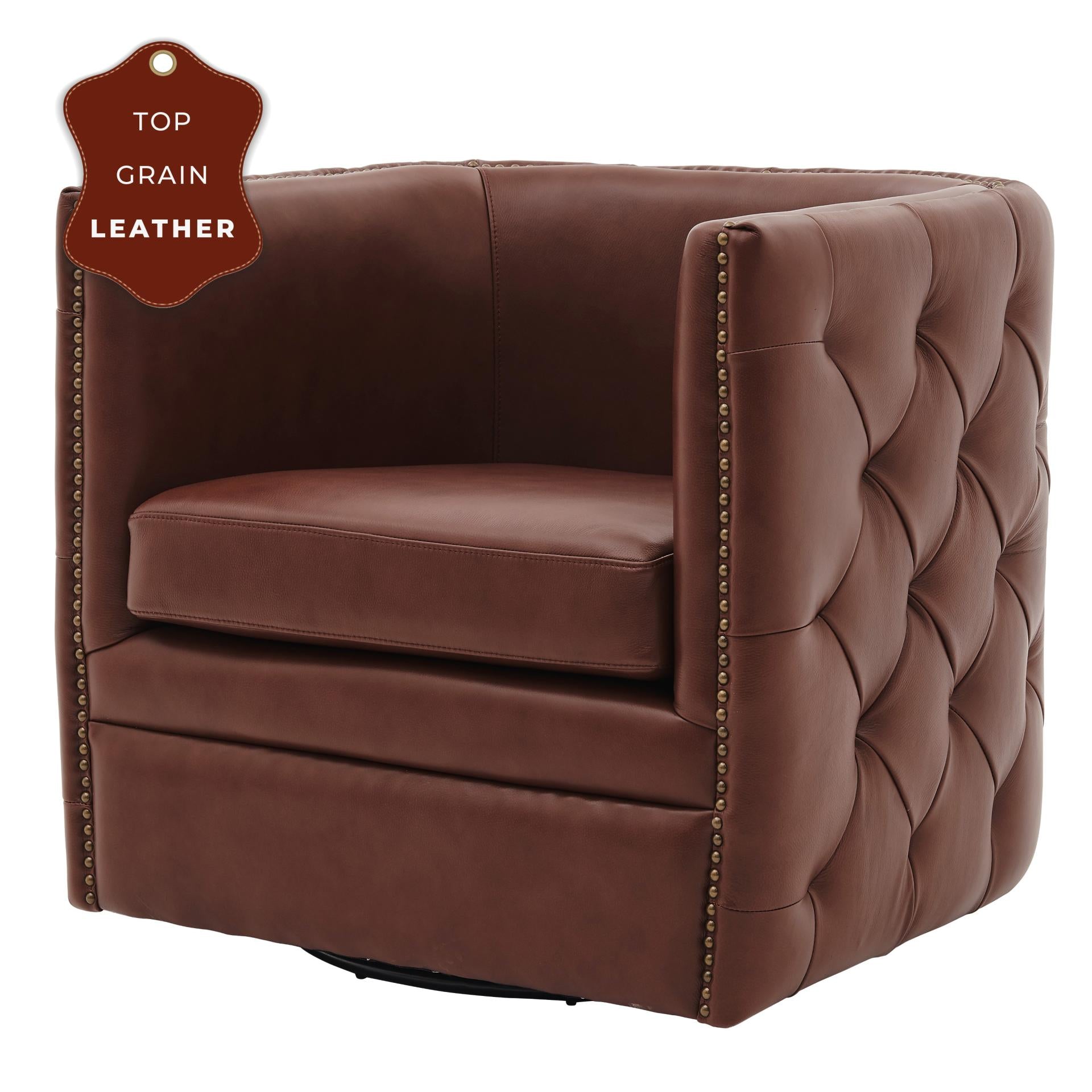 Leslie Top Grain Leather Swivel Tufted Accent Arm Chair