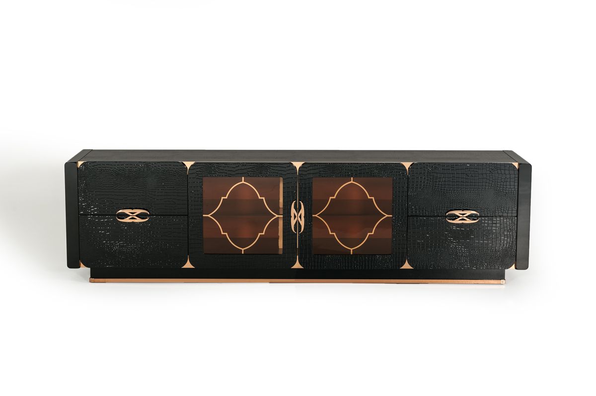 A&X Talin Modern Black Crocodile & Rosegold TV Stand