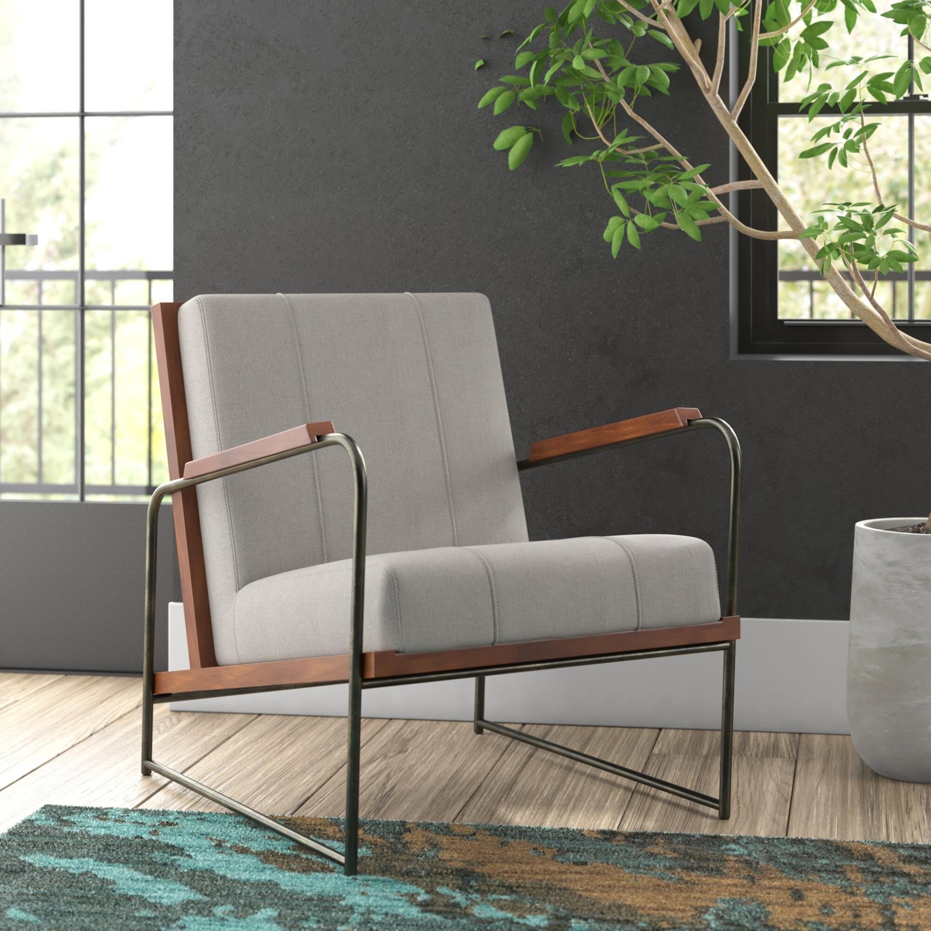 MCM Light Grey Damian Fabric Accent Arm Chair Tubular Bronze Finish Steel Legs