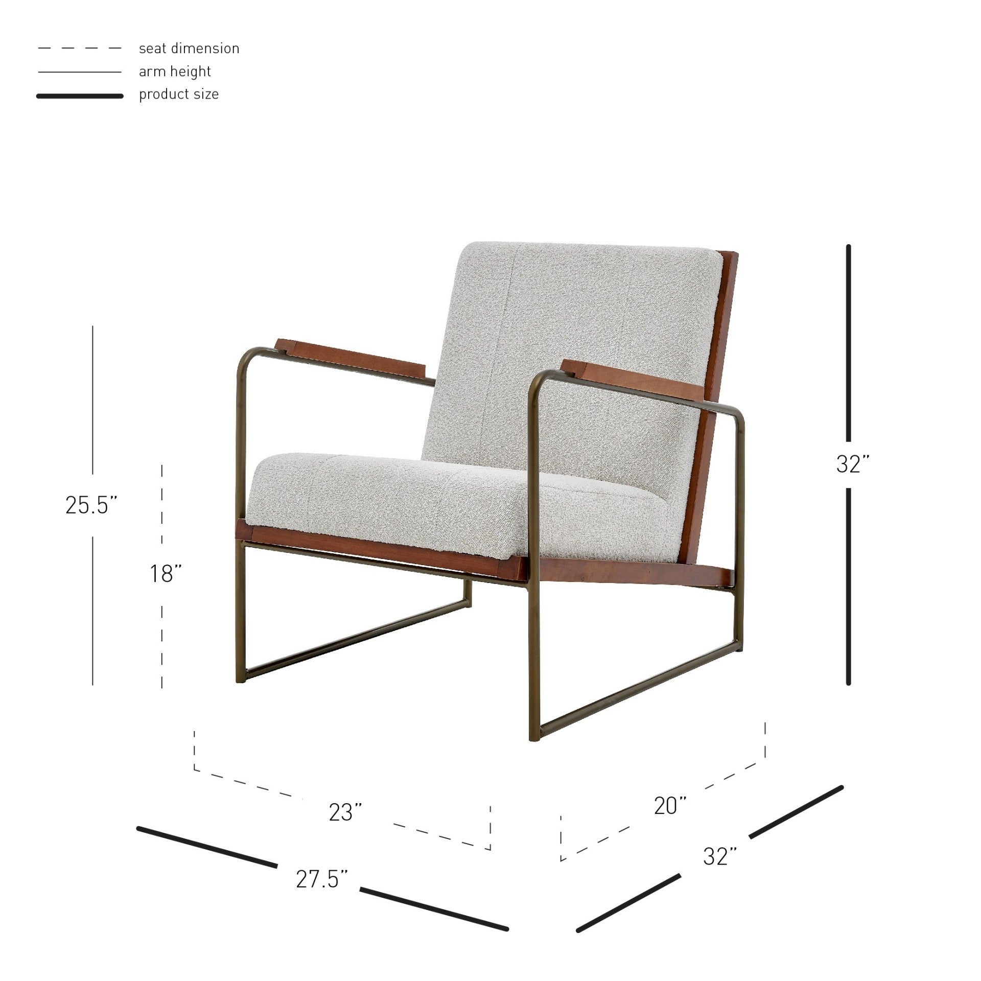 MCM Light Grey Damian Fabric Accent Arm Chair Tubular Bronze Finish Steel Legs