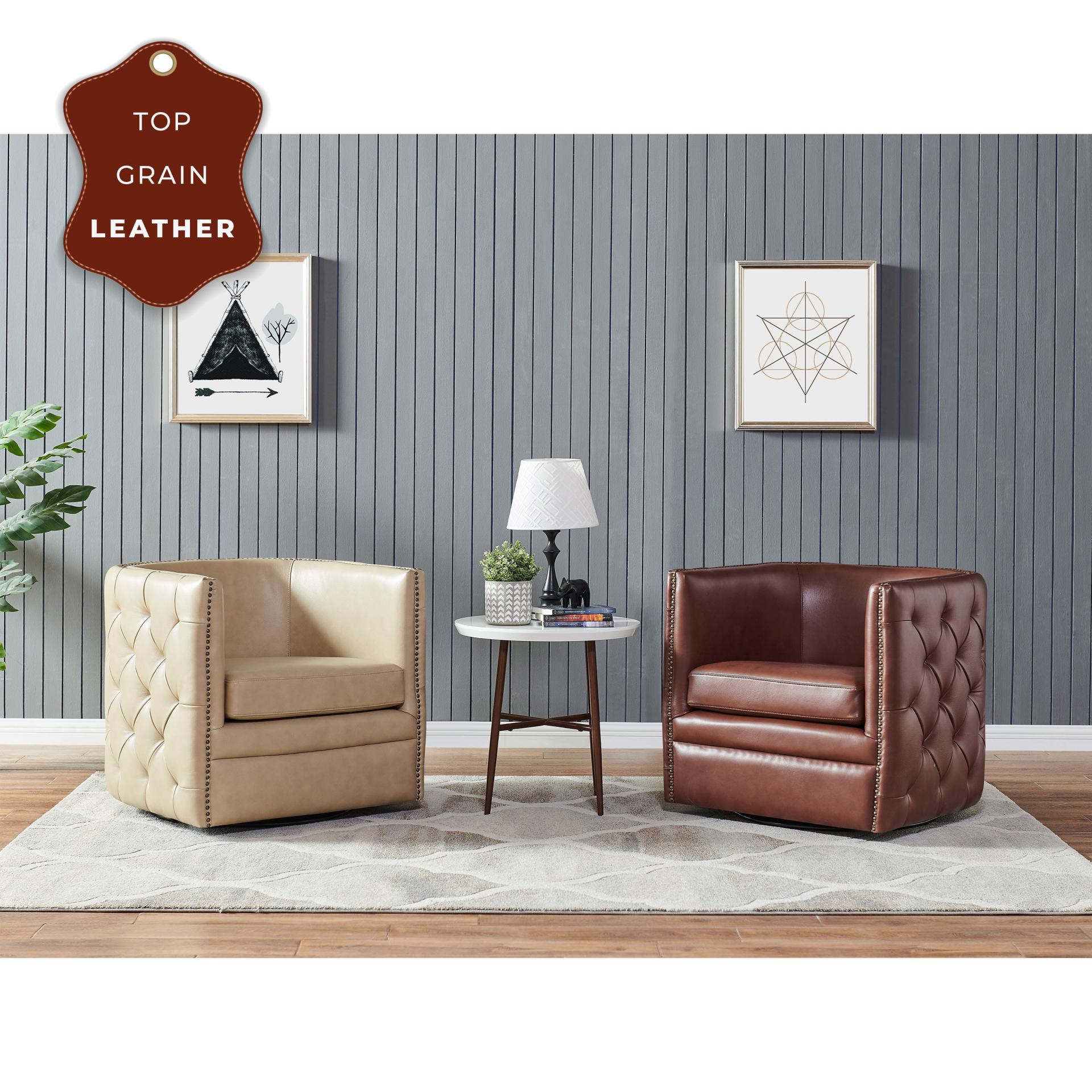 Leslie Top Grain Leather Swivel Tufted Accent Arm Chair