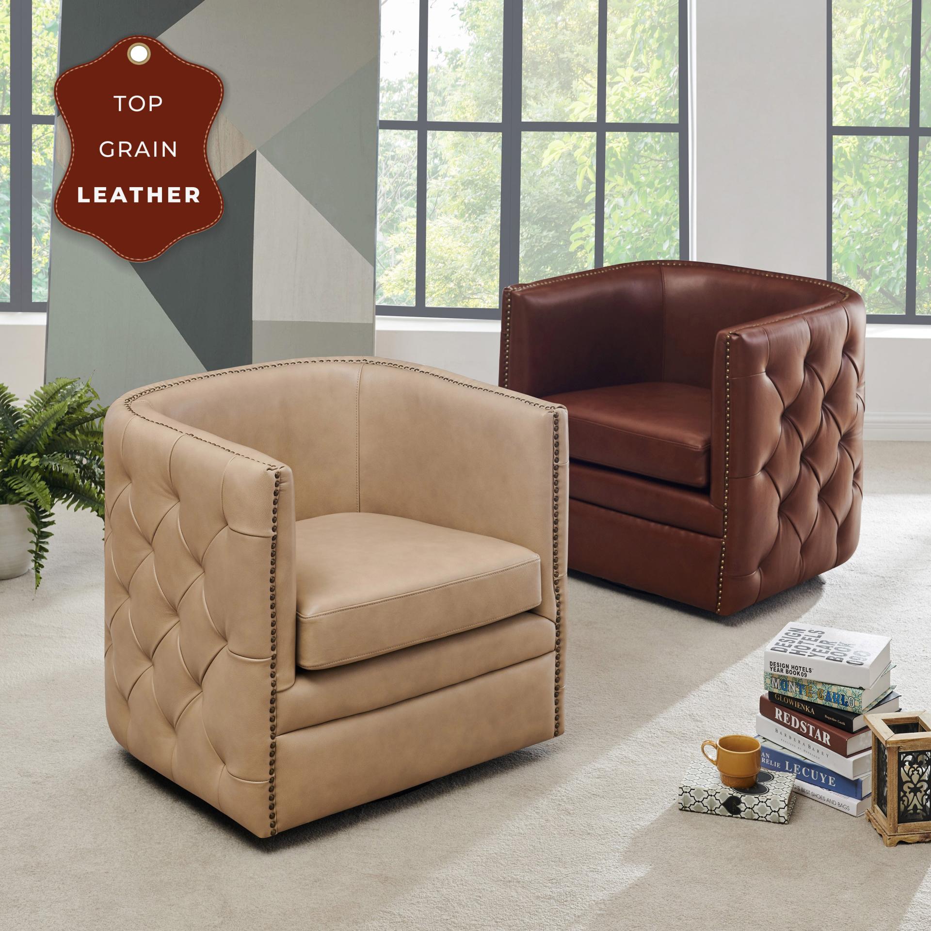 Leslie Top Grain Leather Swivel Tufted Accent Arm Chair