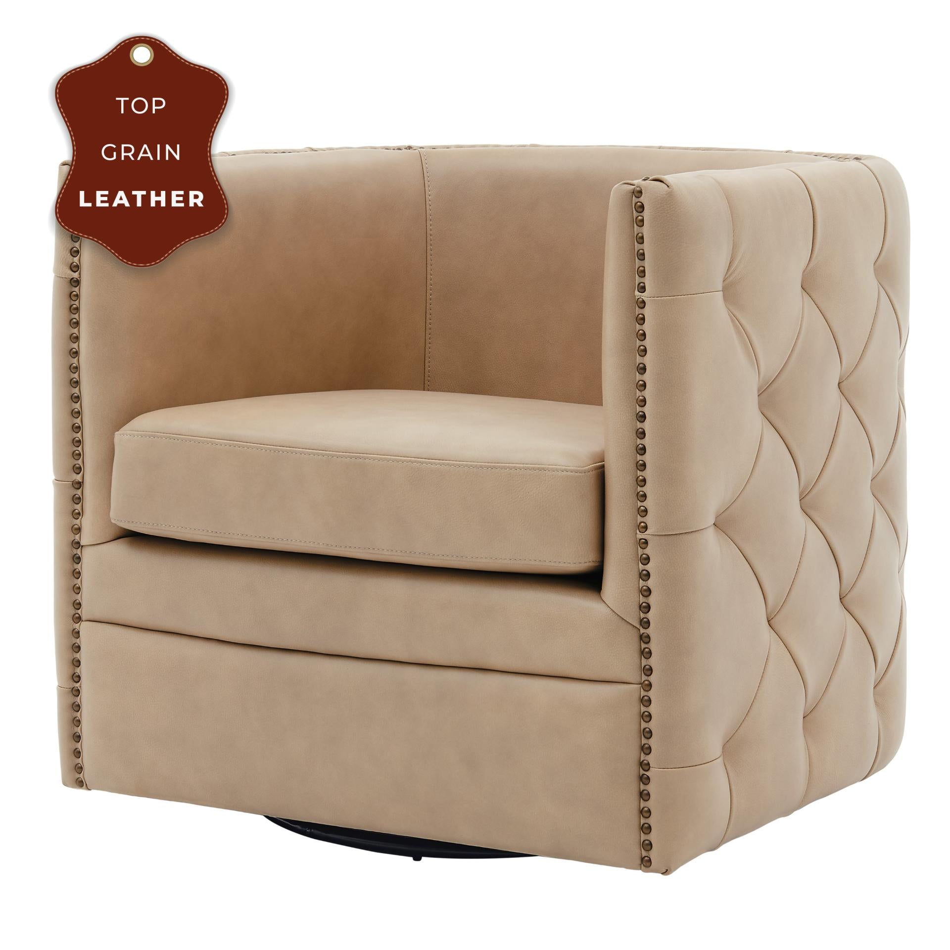 Leslie Top Grain Leather Swivel Tufted Accent Arm Chair - What A Room