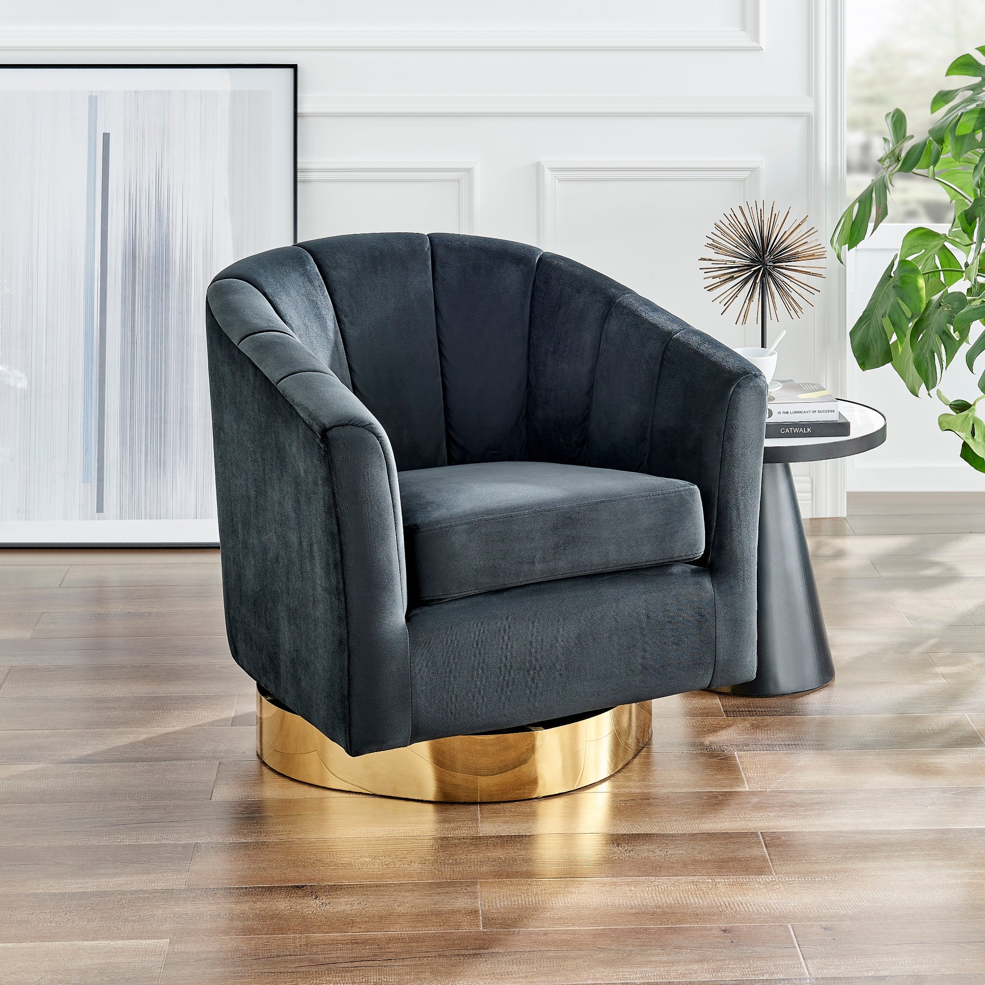 Natasha Velvet Fabric w/ Gold Metal Swivel Accent Arm Chair