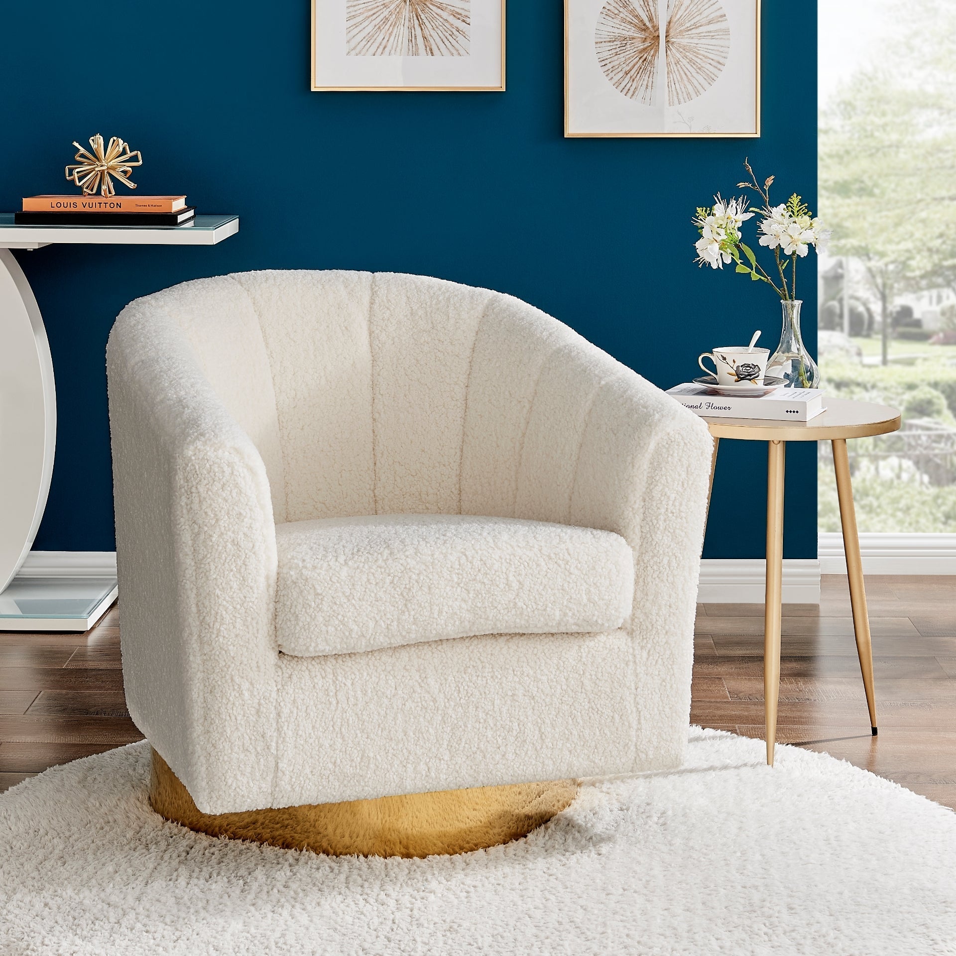 Natasha Biege Fabric w/ Gold Metal Swivel Accent Chair & Armchair