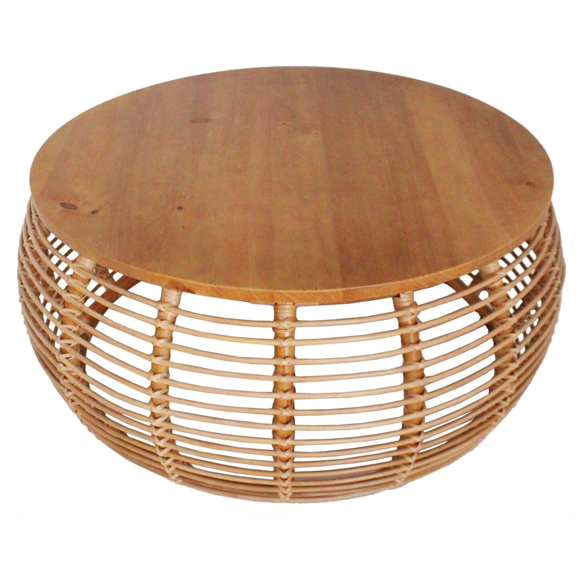 Iris Rattan Mid-Century Wooden Round Coffee Table