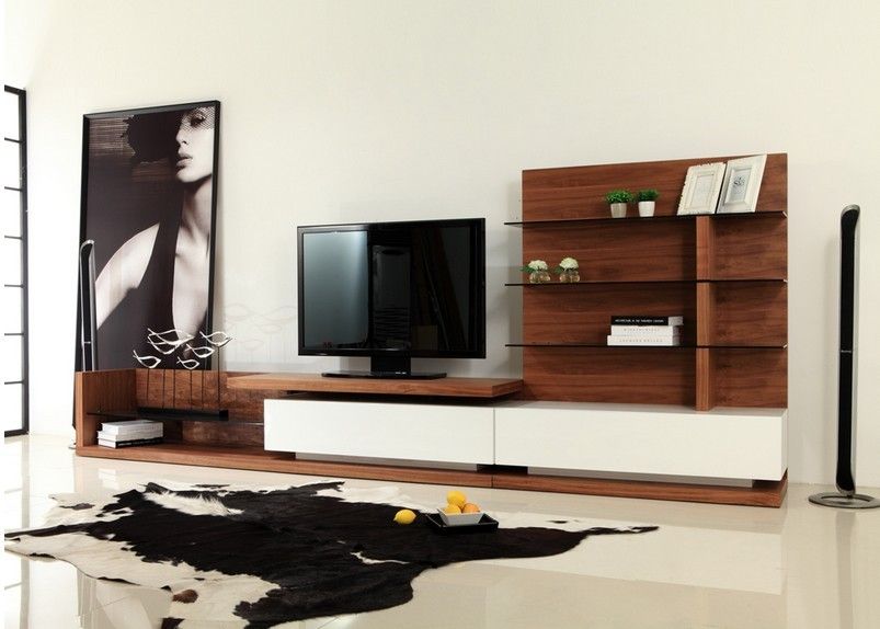 Modrest Jefferson Mid-Century Walnut and White High Gloss TV Unit