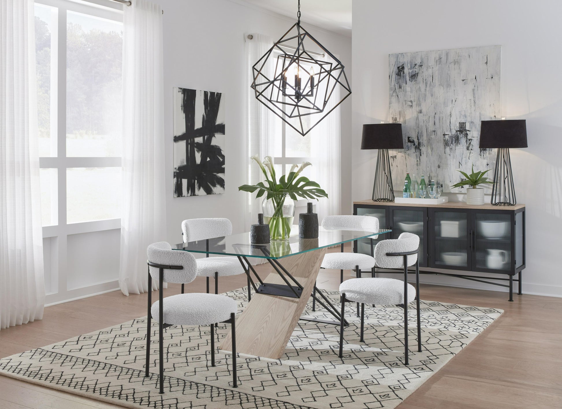 Aere Boucle Upholstered Metal Leg Dining Chair in Ivory and Black (Set of 2) - What A Room