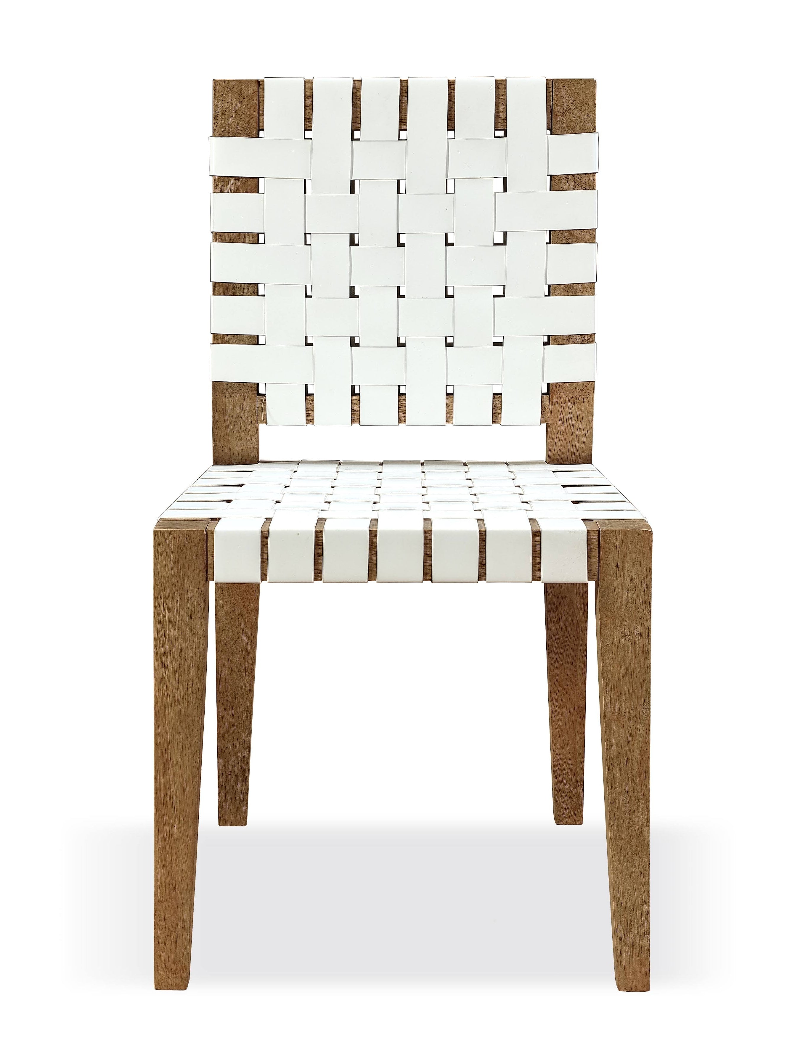 One Woven Leather and Solid Wood Dining Side Chair in White and Bisque (Set of 2)