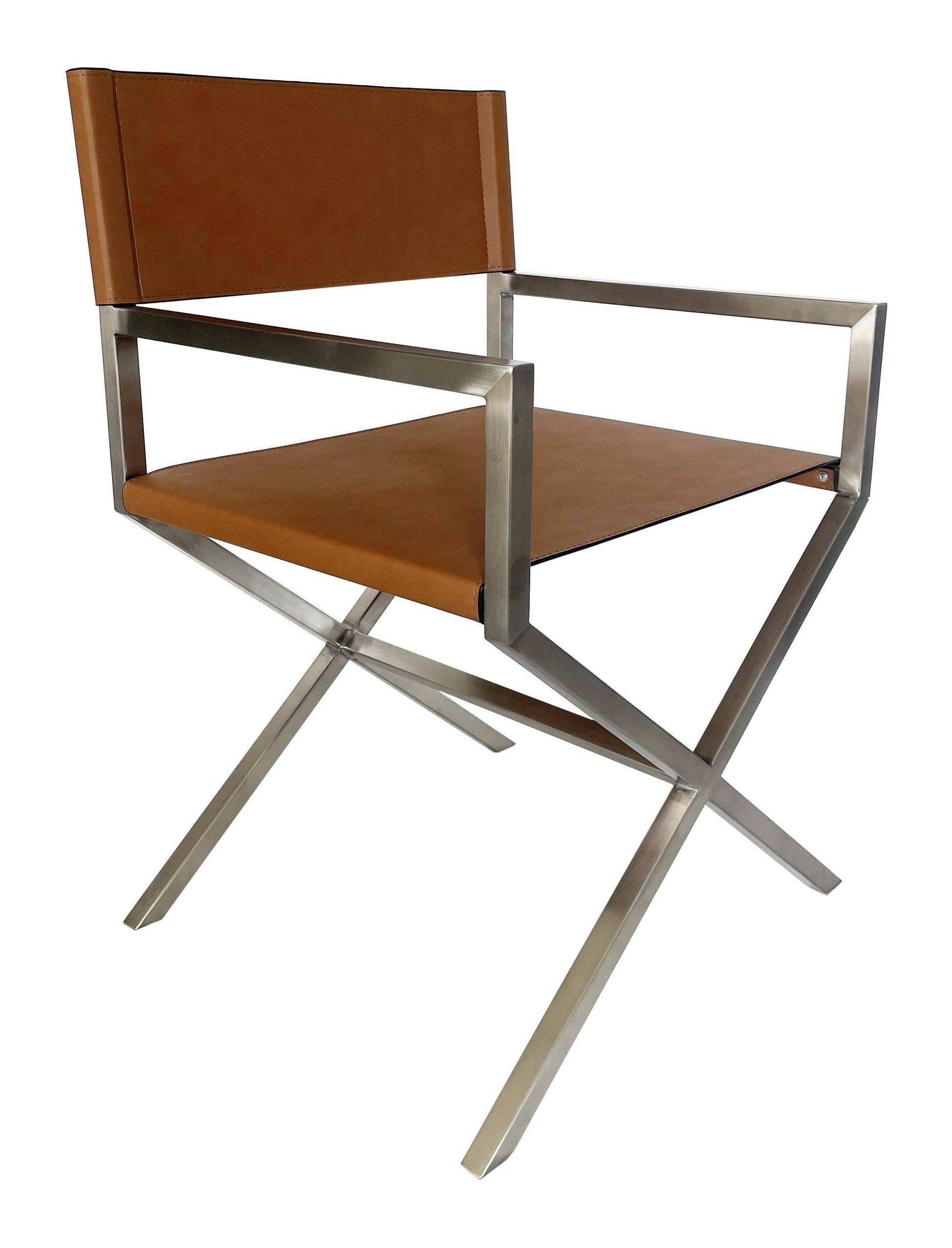 One Modern Coastal Director's Dining Arm Chair in Cognac and Brushed Stainless Steel (Set of 2) - What A Room