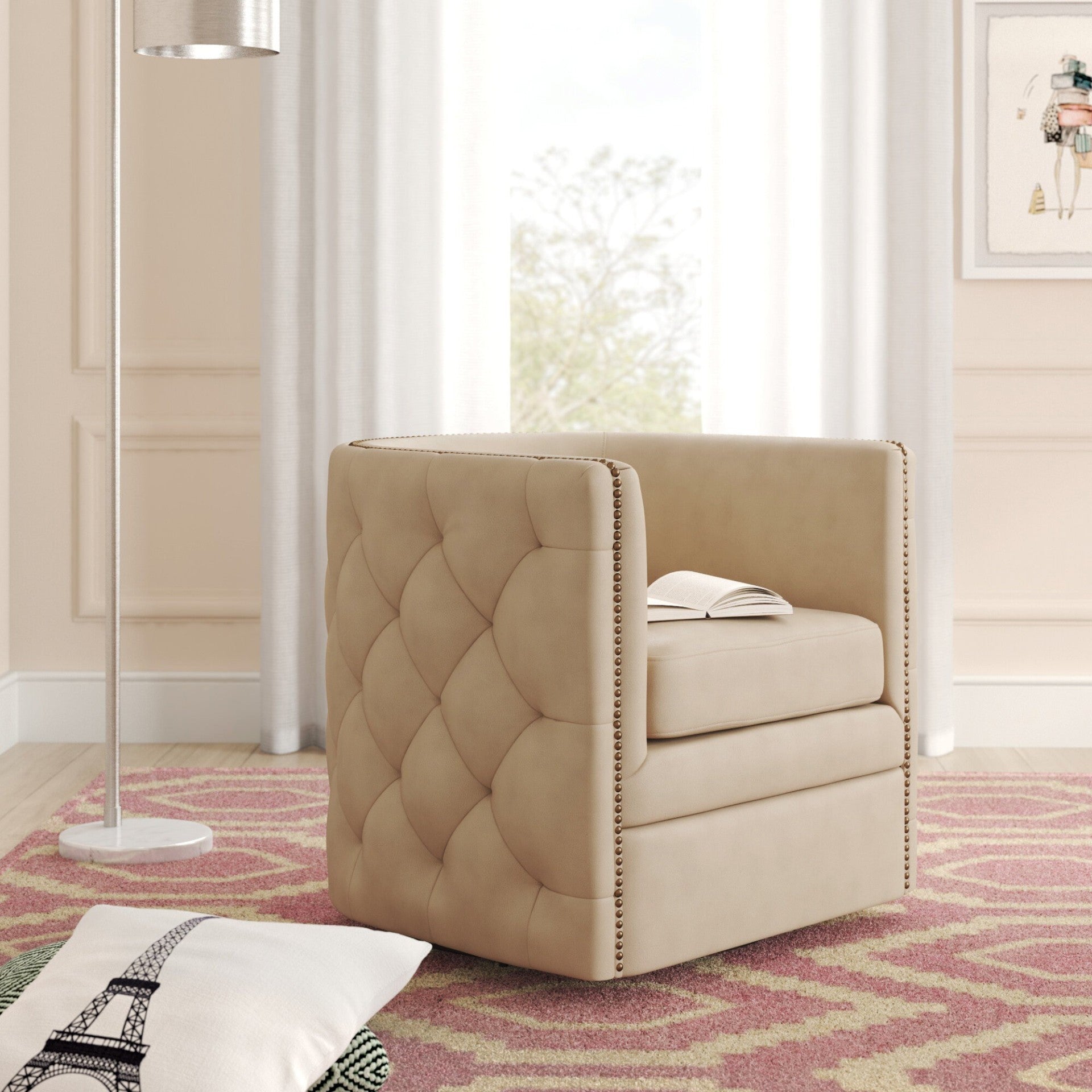 Leslie Top Grain Leather Swivel Tufted Accent Arm Chair