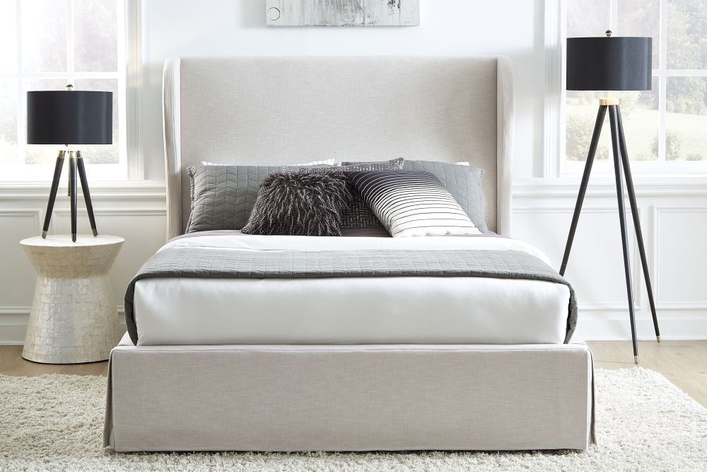 Hera Upholstered Skirted Storage Panel Bed in Oatmeal