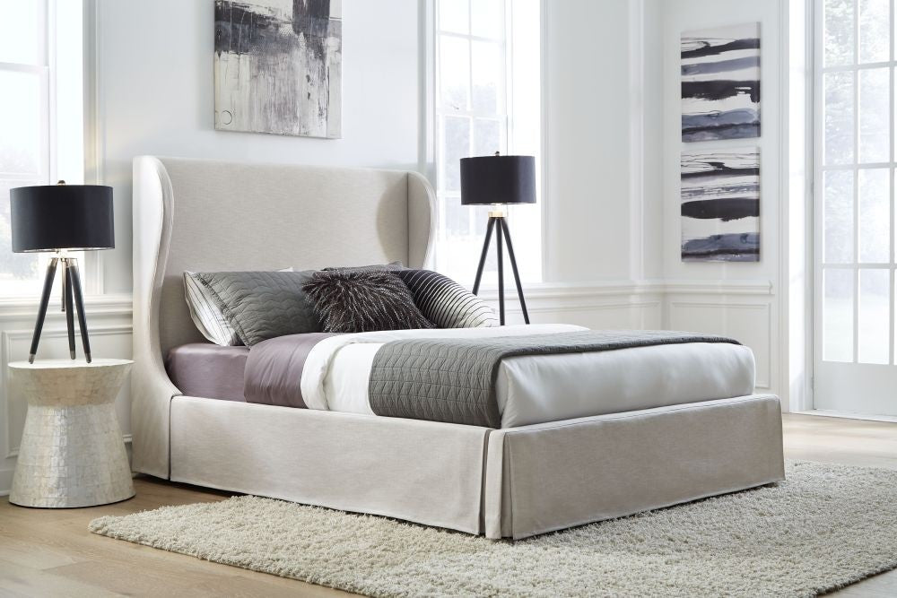 Hera Upholstered Skirted Storage Panel Bed in Oatmeal