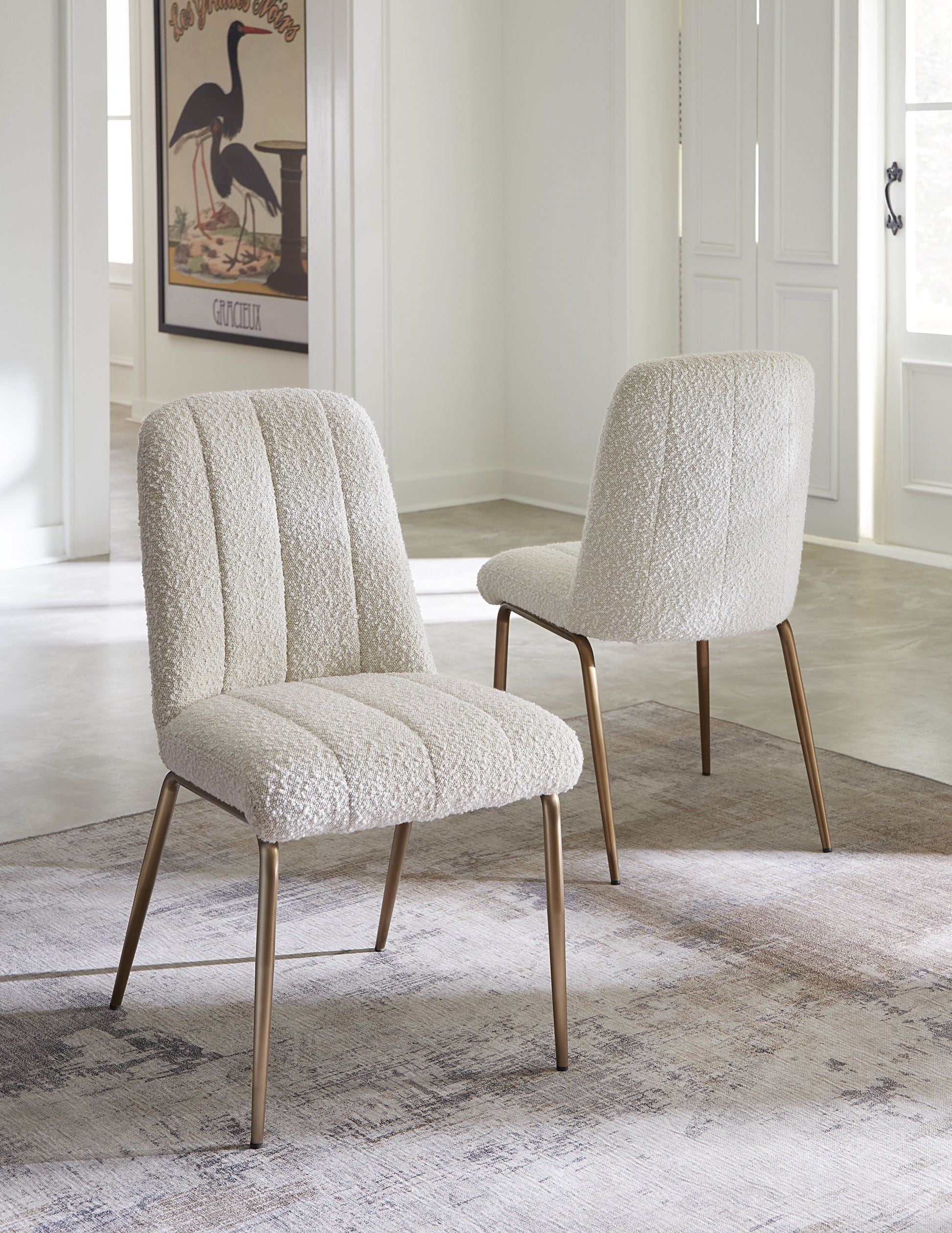 Apollo Upholstered Dining Chair in Ricotta Boucle and Brushed Bronze Metal (Set of 2) - What A Room