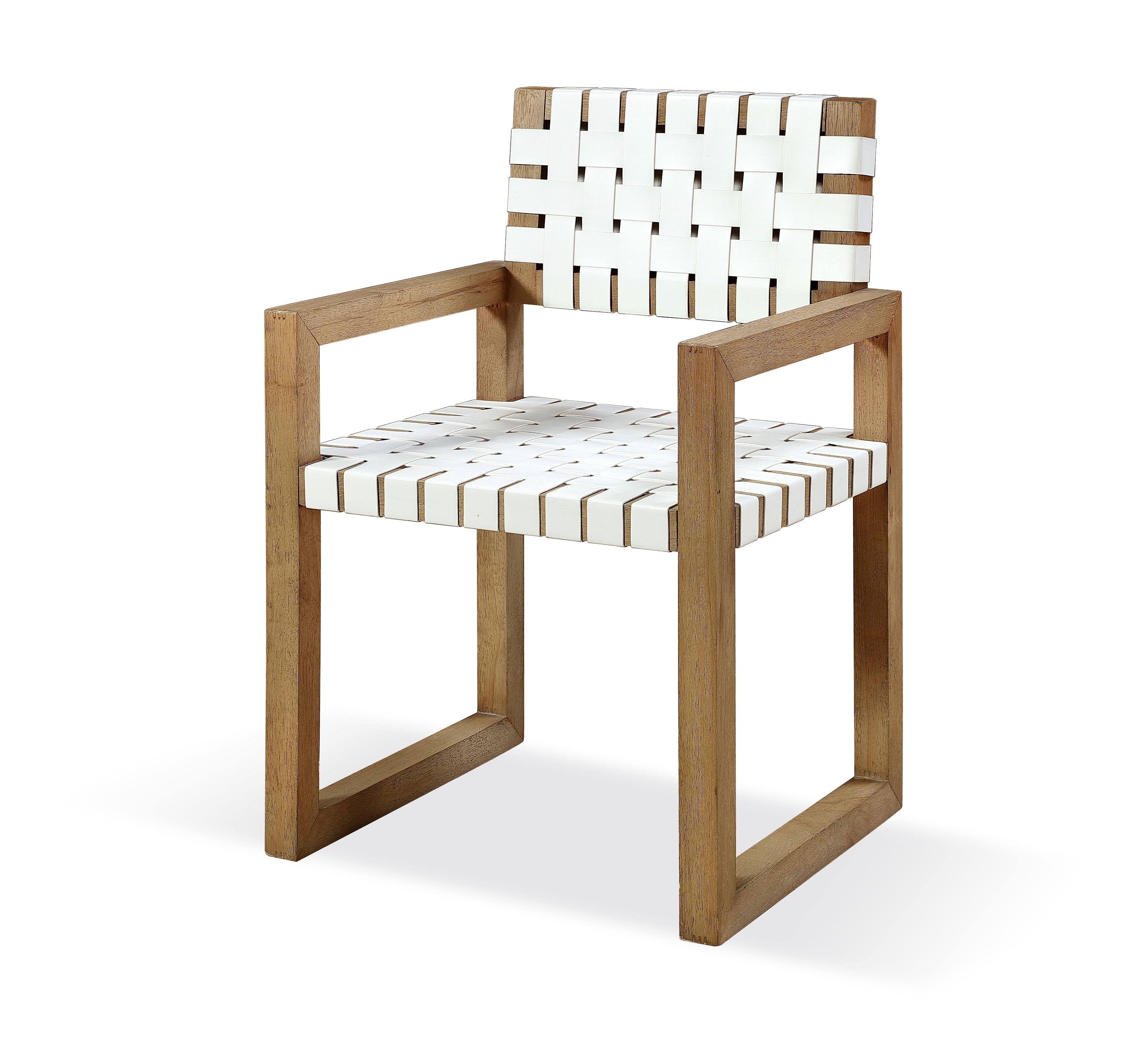 One Woven Leather and Solid Wood Dining Arm Chair in White and Bisque