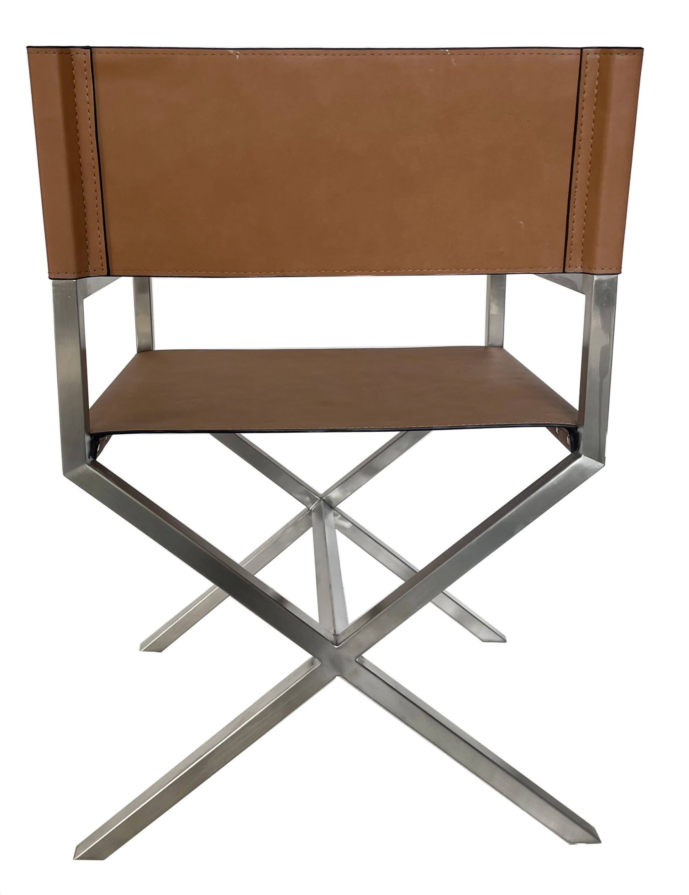 One Modern Coastal Director's Dining Arm Chair in Cognac and Brushed Stainless Steel (Set of 2)