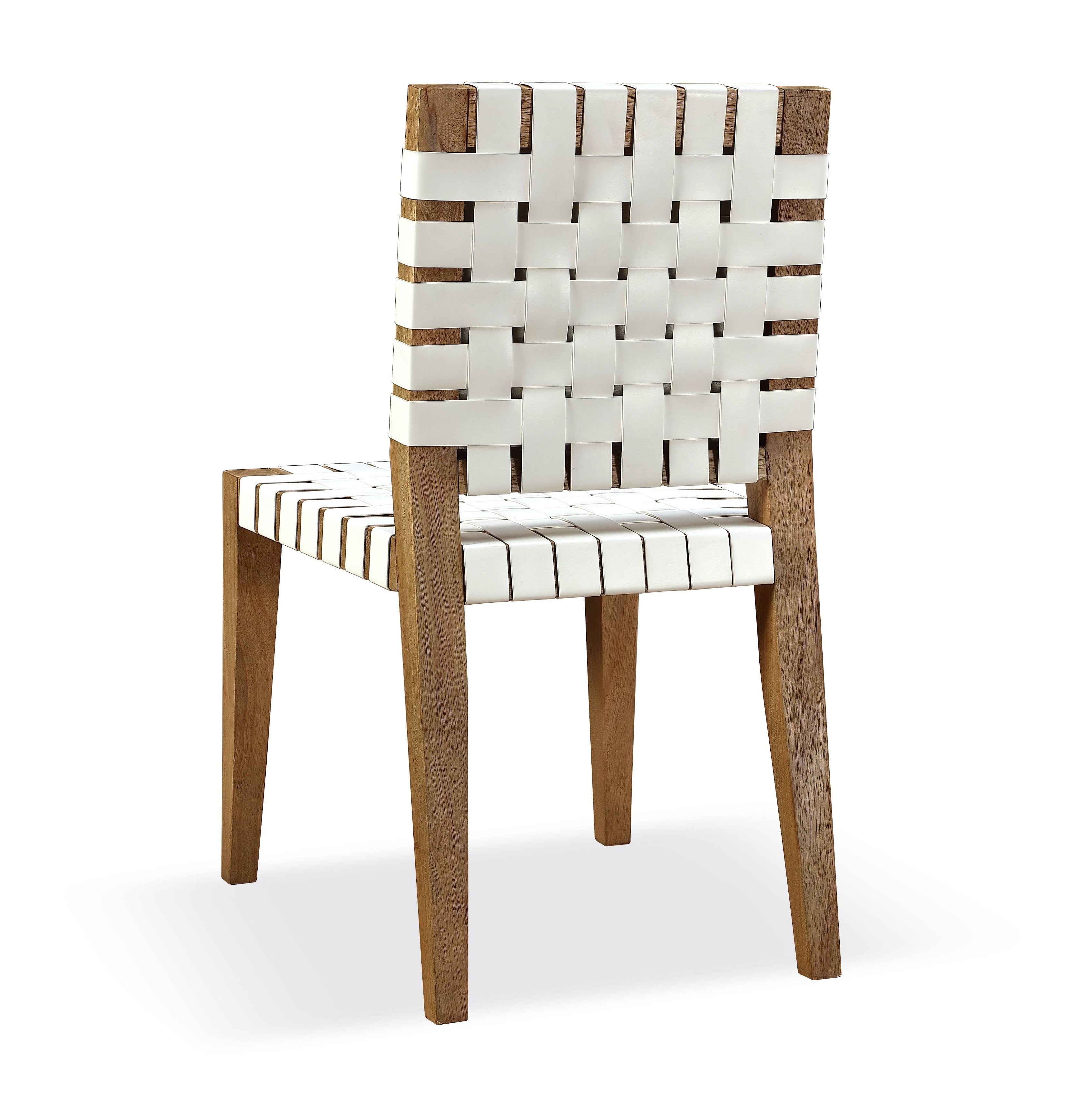 One Woven Leather and Solid Wood Dining Side Chair in White and Bisque (Set of 2)