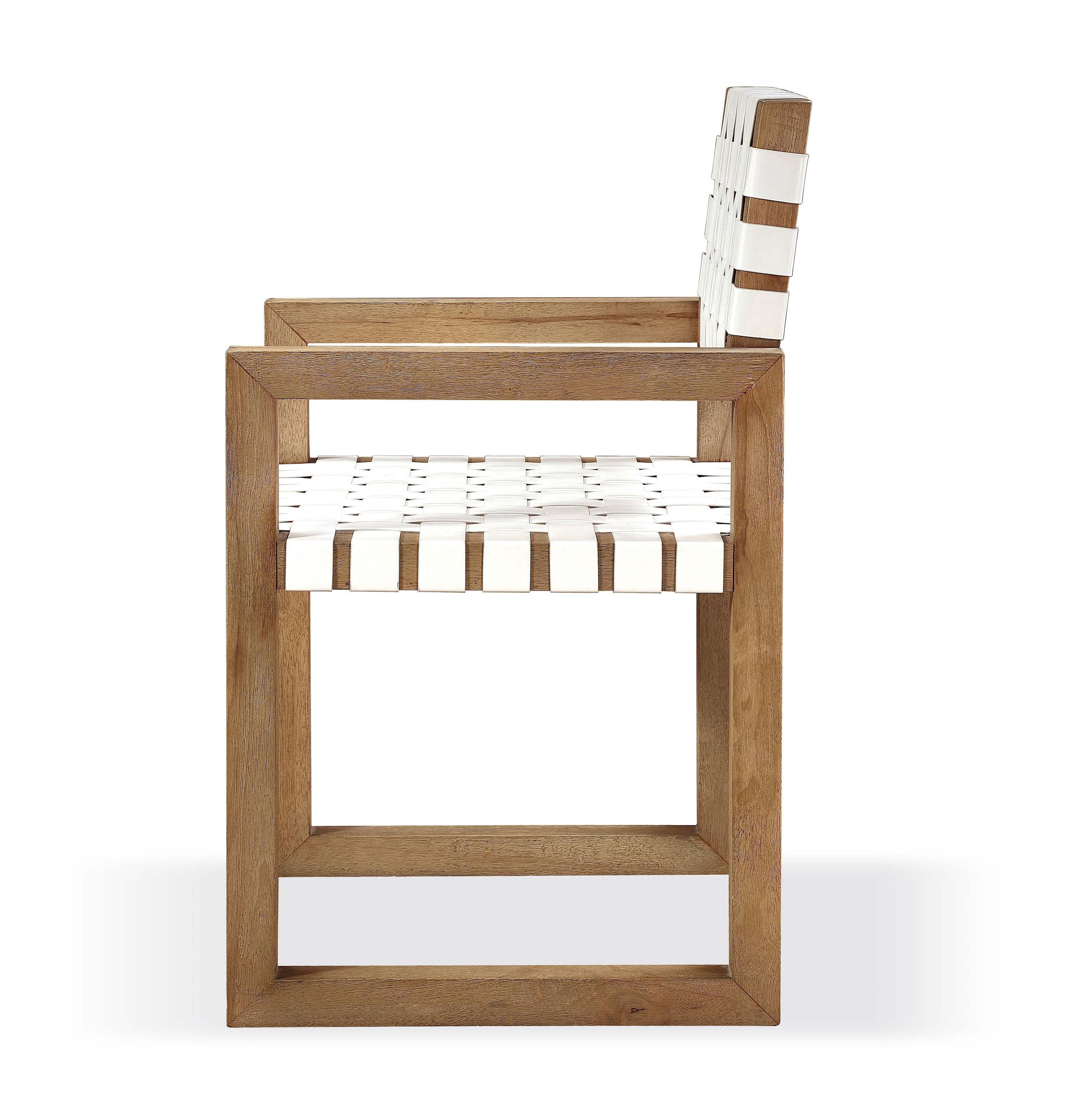 One Woven Leather and Solid Wood Dining Arm Chair in White and Bisque