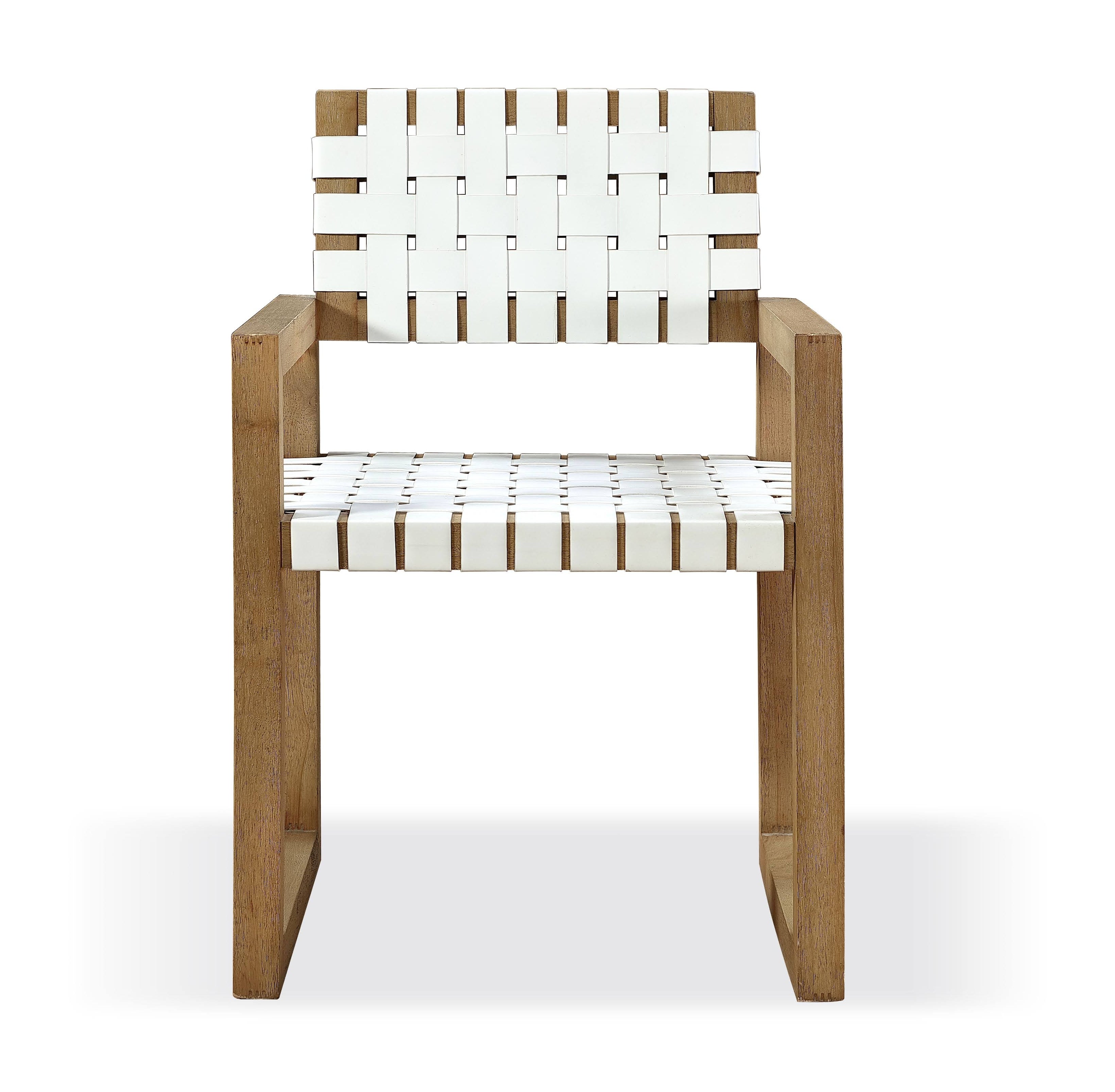 One Woven Leather and Solid Wood Dining Arm Chair in White and Bisque - What A Room