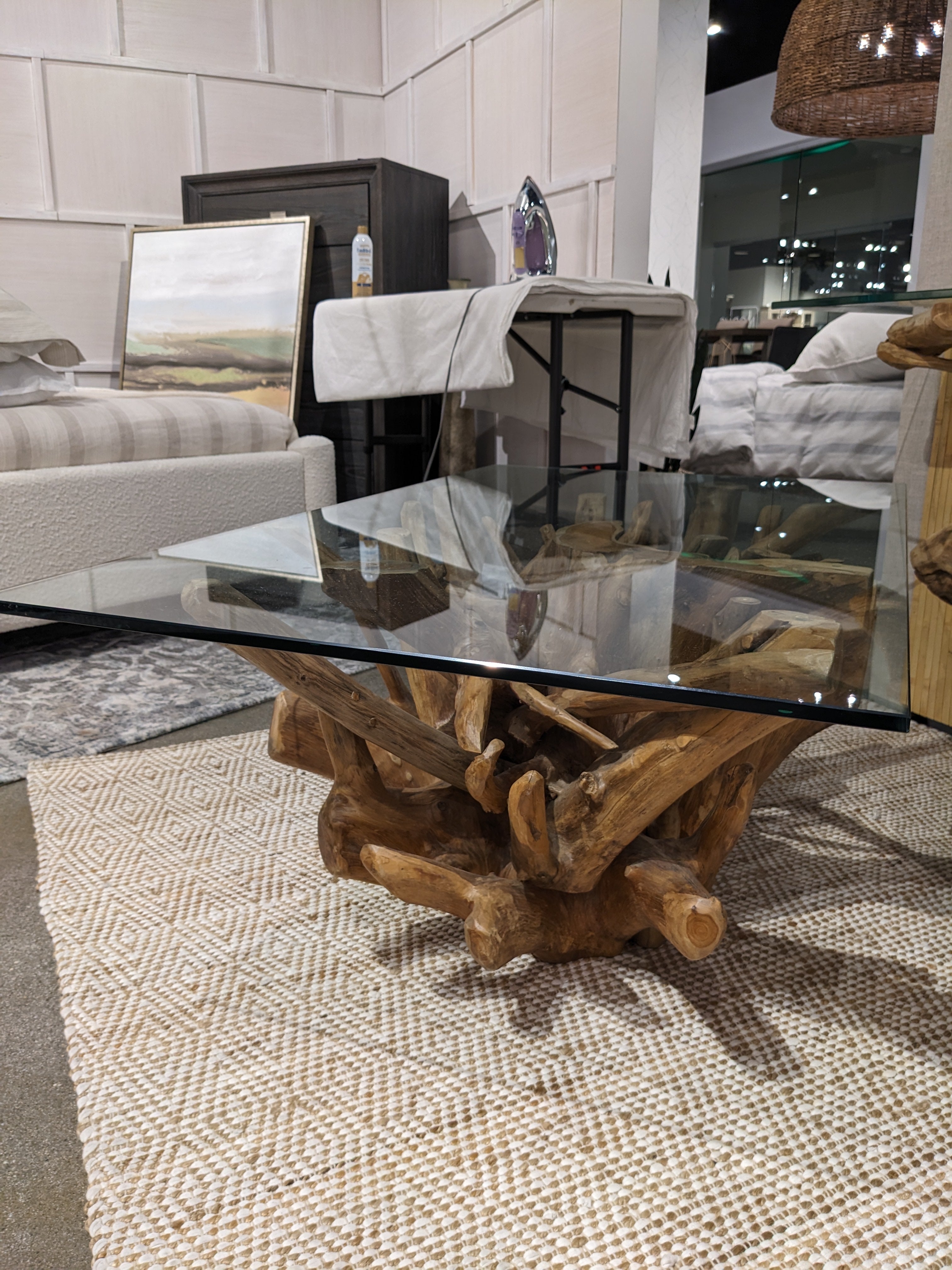 One Solid Teak Root Glass Top Coffee Table - What A Room